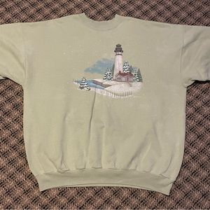 Vintage 80s 90s Morning Sun Maine Lighthouse Winter Sweatshirt Size XL